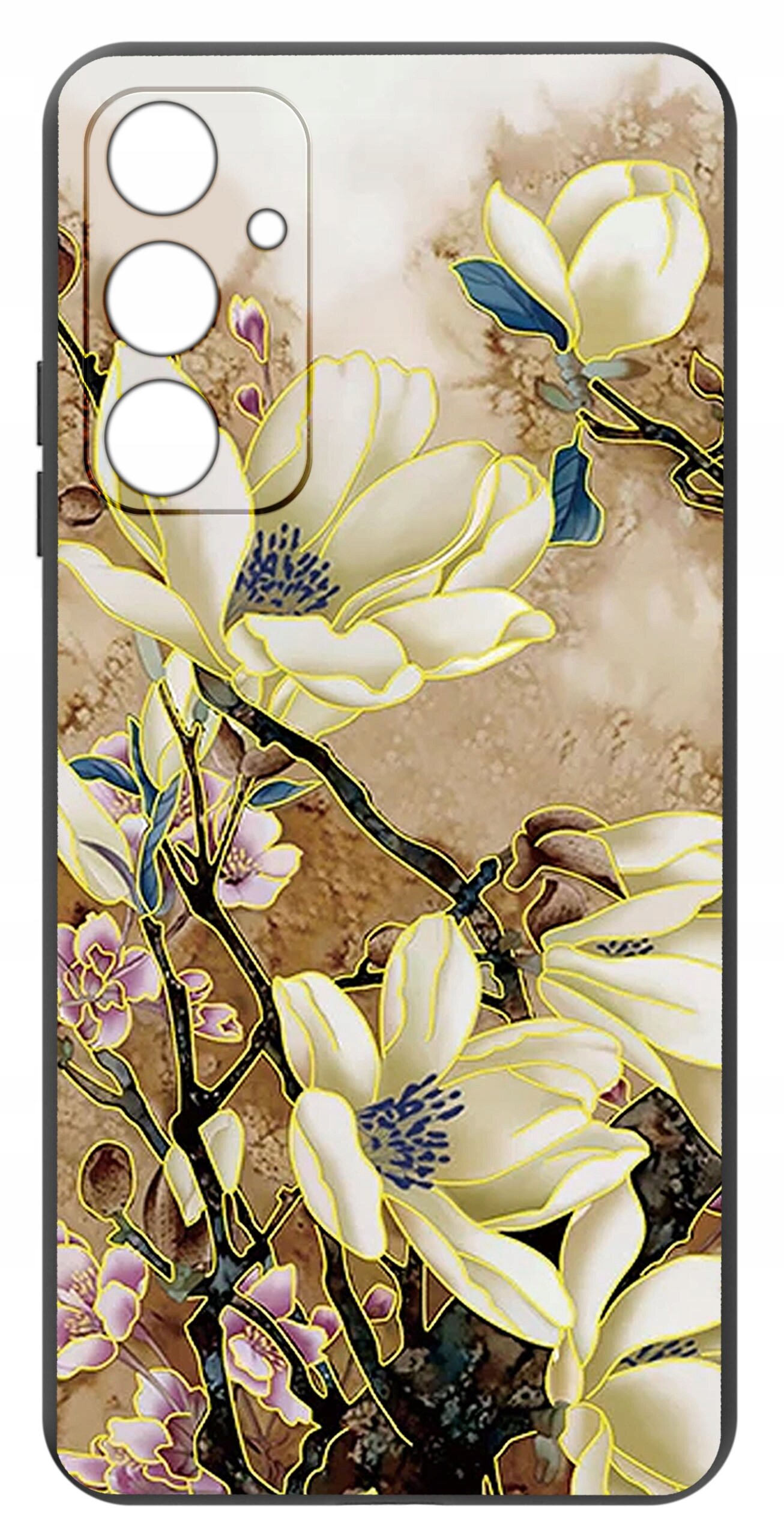 Etui na telefon z wzorem kwiatów magnolii w odcieniach bieli i żółci na tle w kolorze brązowym. Widać wycięcia na aparat i przyciski boczne.