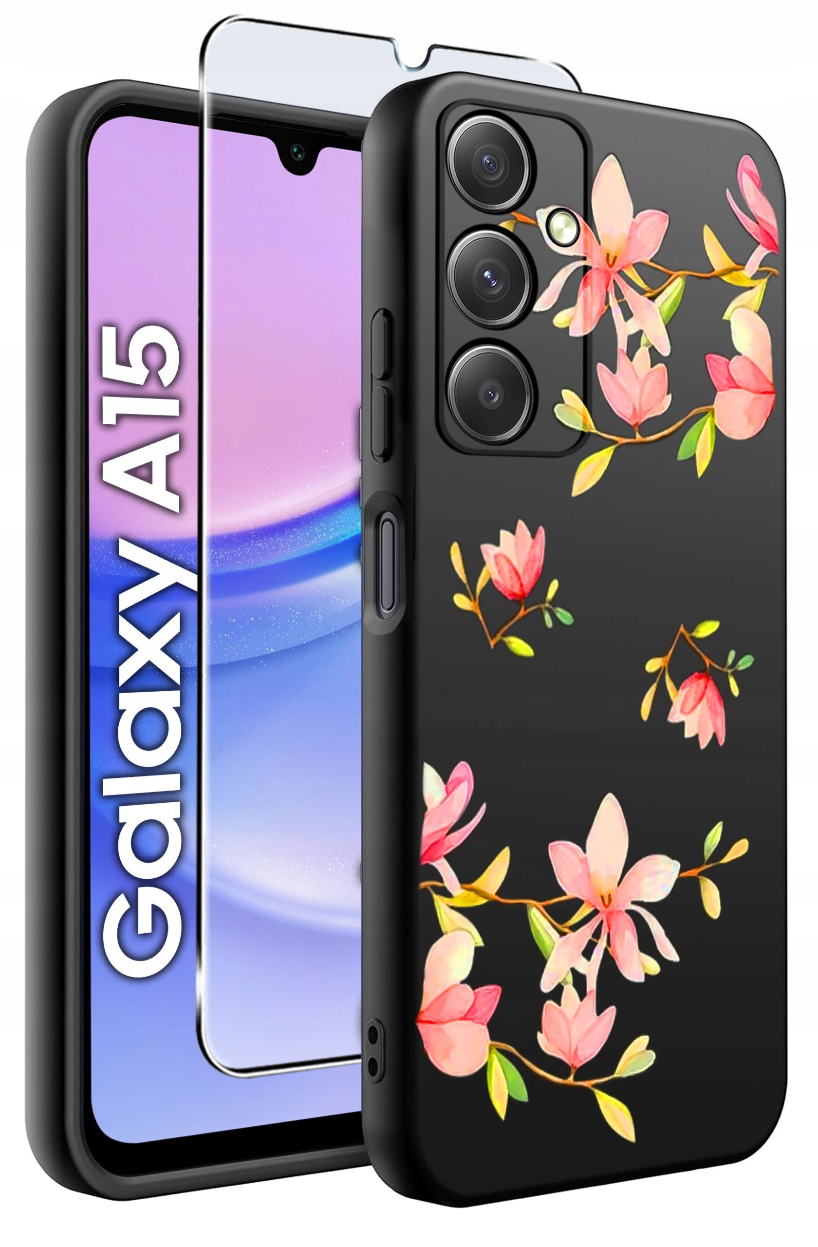 Obraz przedstawia czarne silikonowe etui z kwiatowym wzorem oraz szkło ochronne na telefon Galaxy A15. Na ekranie telefonu widoczny jest napis \'Galaxy A15\'.