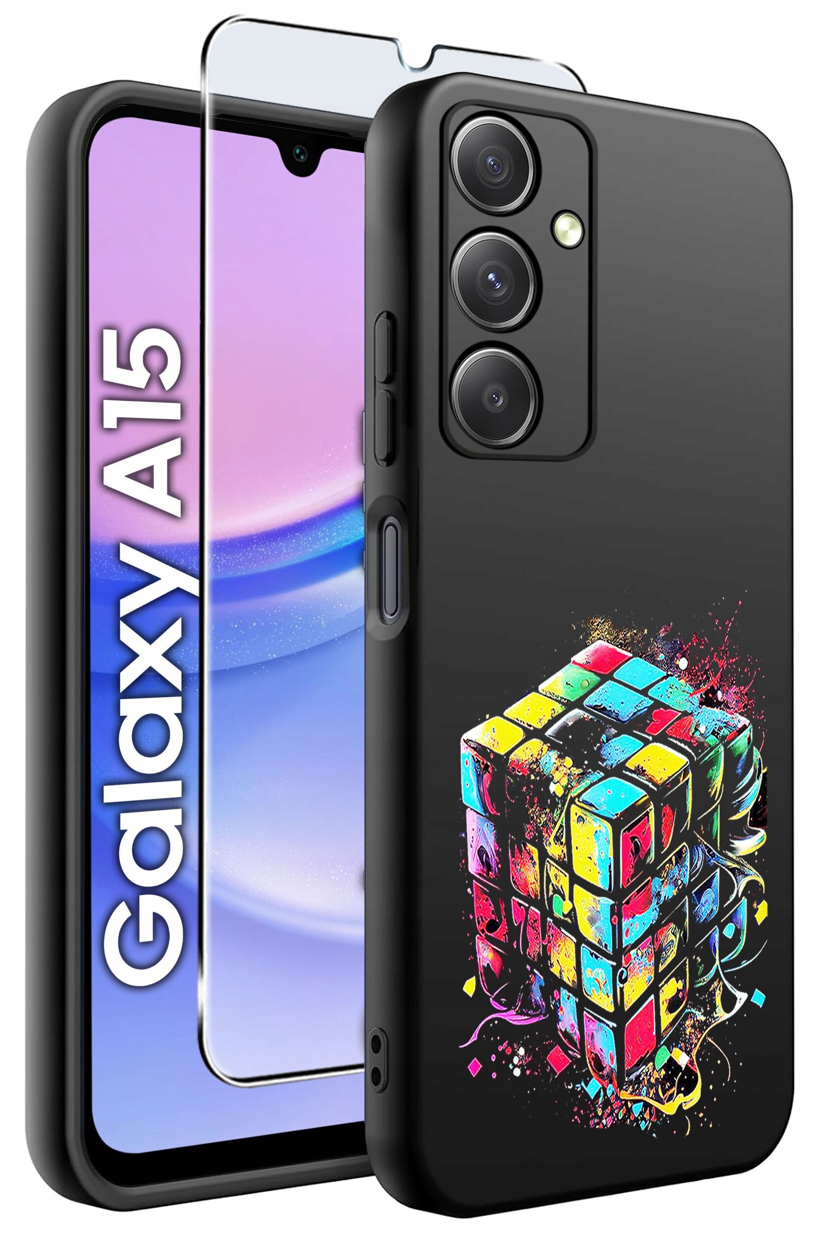 Obraz przedstawia czarne silikonowe etui z kolorowym wzorem przypominającym kostkę Rubika oraz szkło ochronne na telefon Galaxy A15. Na ekranie telefonu widoczny jest napis \'Galaxy A15\'.
