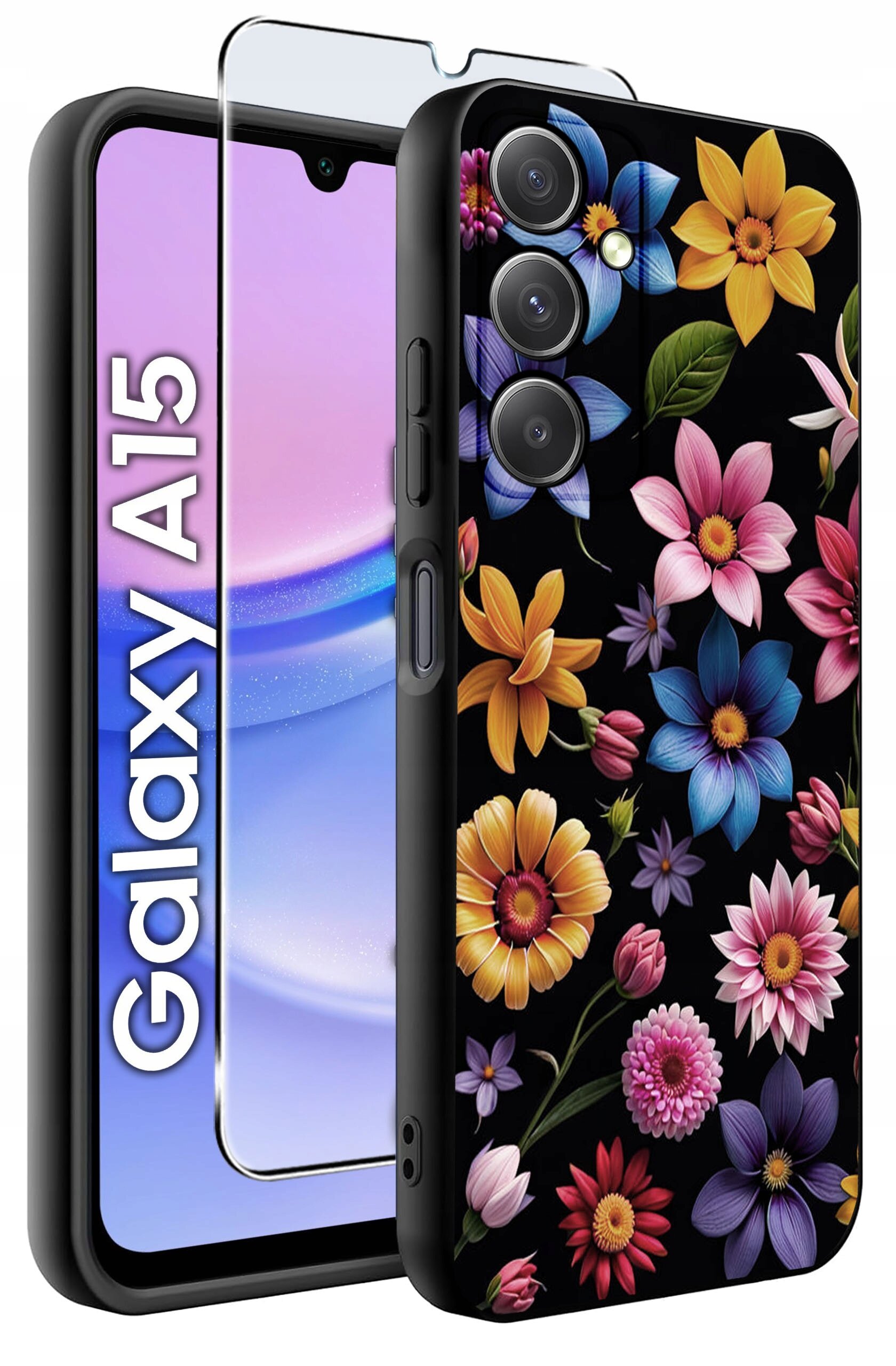 Obraz przedstawia etui na telefon z kolorowym wzorem kwiatów na czarnym tle oraz szkło ochronne. Obok widoczny jest telefon z napisem \'Galaxy A15\'.