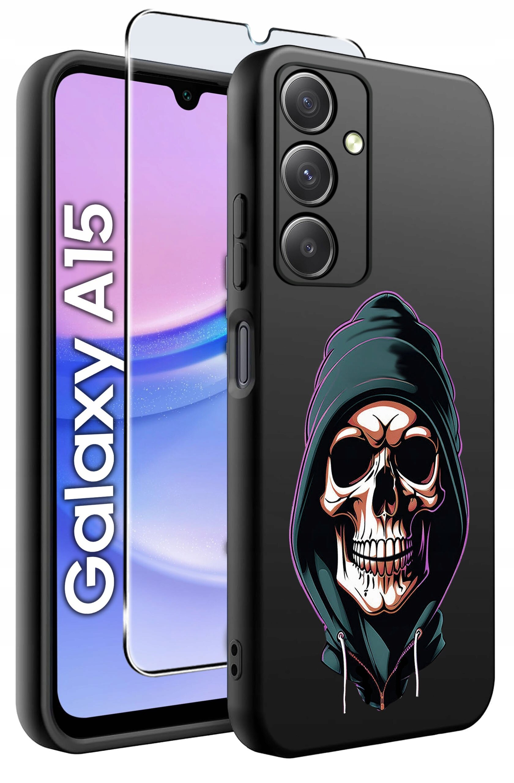 Obraz przedstawia czarne silikonowe etui z nadrukiem czaszki w kapturze oraz szkło ochronne na telefon Galaxy A15. Na ekranie telefonu widoczny jest napis \'Galaxy A15\'.