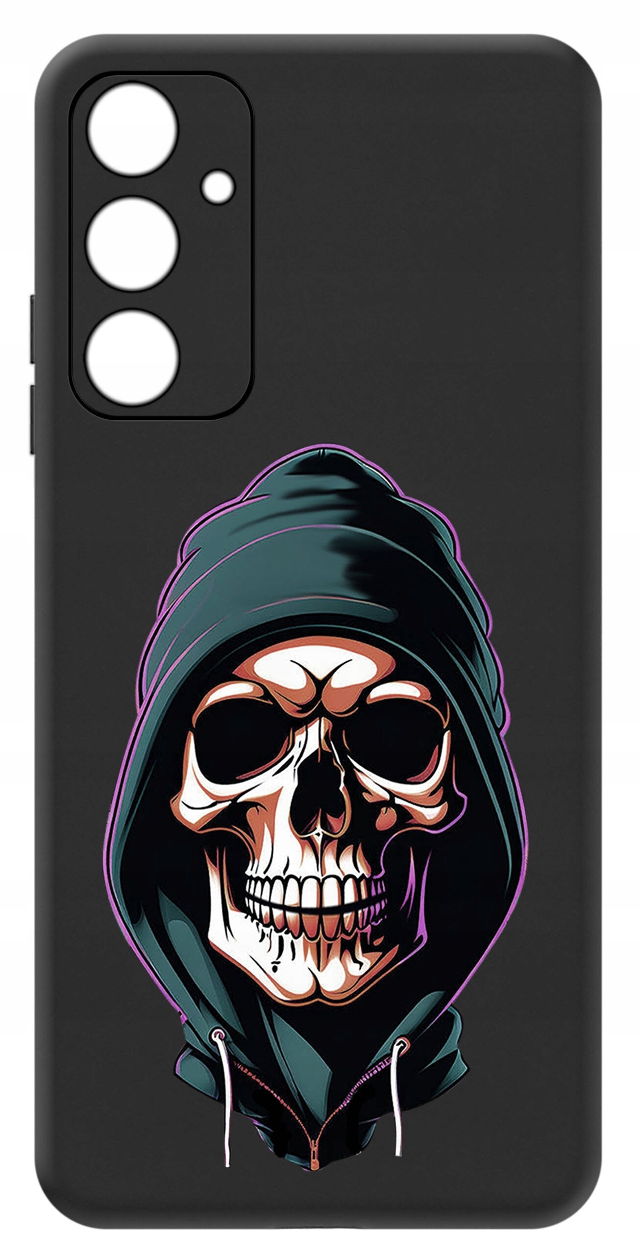 Czarne etui na telefon z nadrukiem czaszki w kapturze. Etui posiada wycięcia na aparat i przyciski.