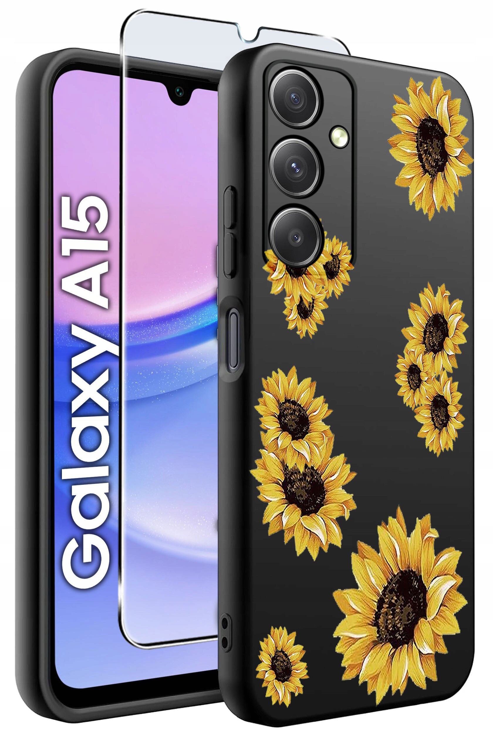 Obraz przedstawia czarne etui na telefon z wzorem słoneczników oraz szkło ochronne. Na ekranie telefonu widoczny jest napis \'Galaxy A15\'.