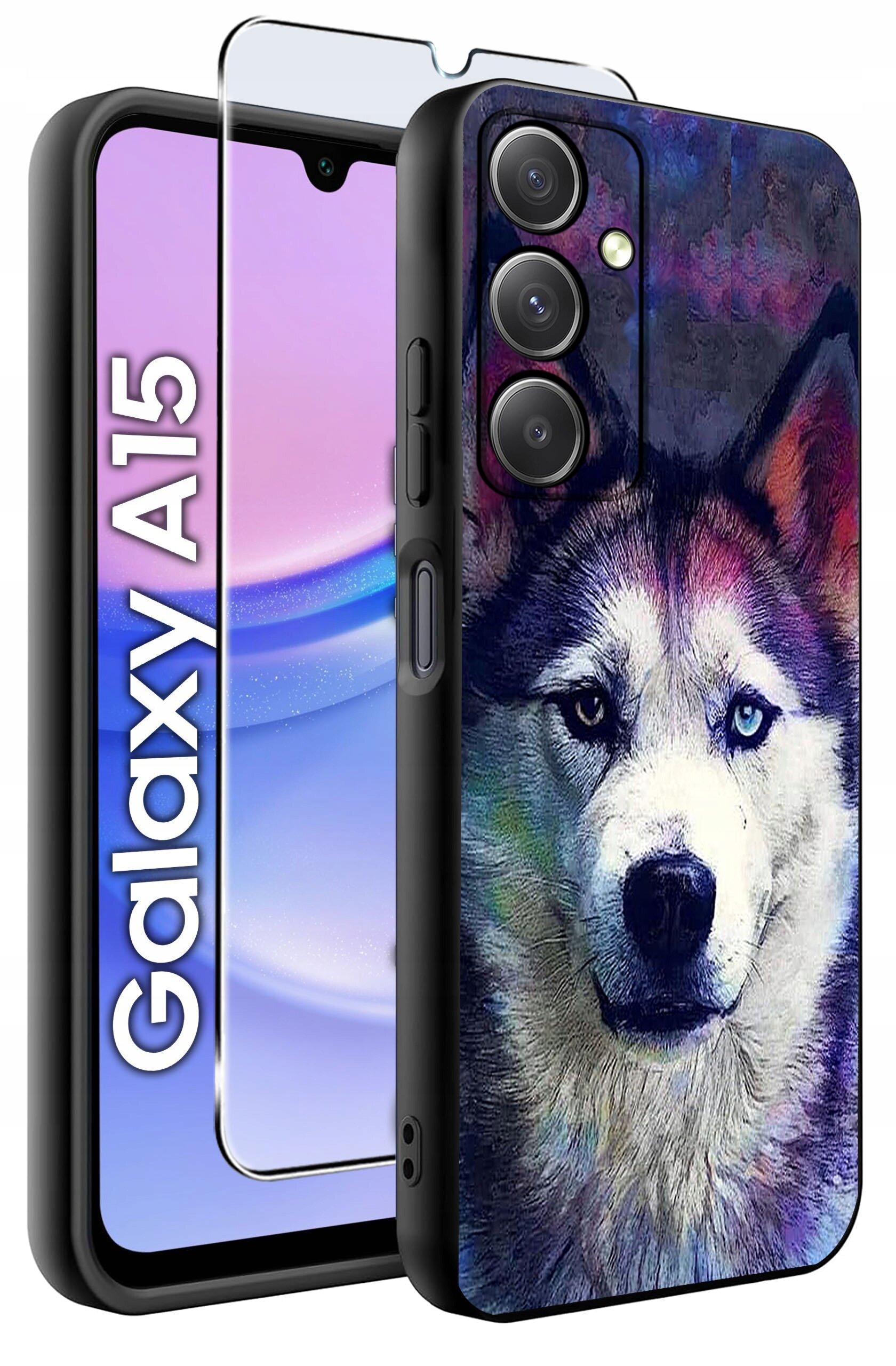 Obraz przedstawia etui na telefon z kolorowym wzorem psa oraz szkło ochronne. Obok widoczny jest telefon z napisem \'Galaxy A15\'.