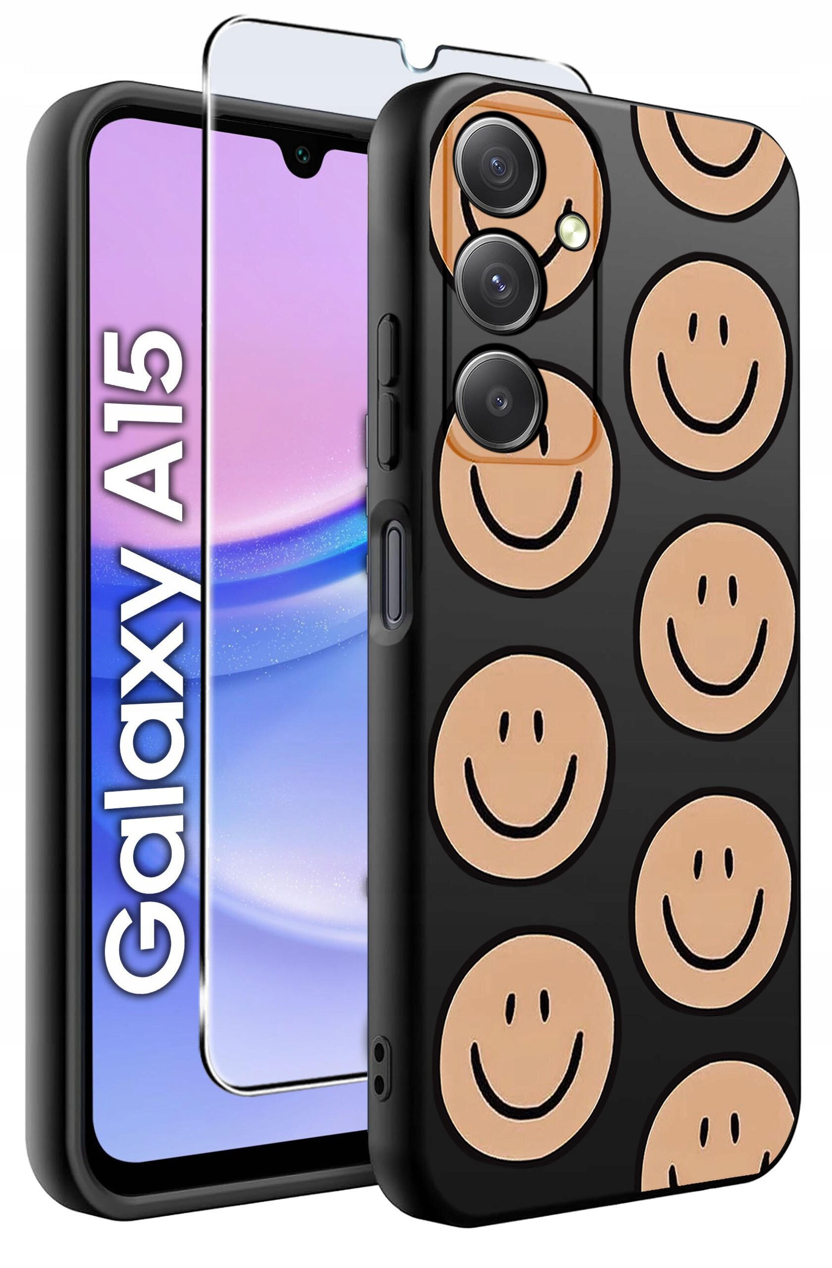 Obraz przedstawia etui na telefon z wzorem uśmiechniętych buziek oraz szkło ochronne. Na ekranie telefonu widoczny jest napis \'Galaxy A15\'.