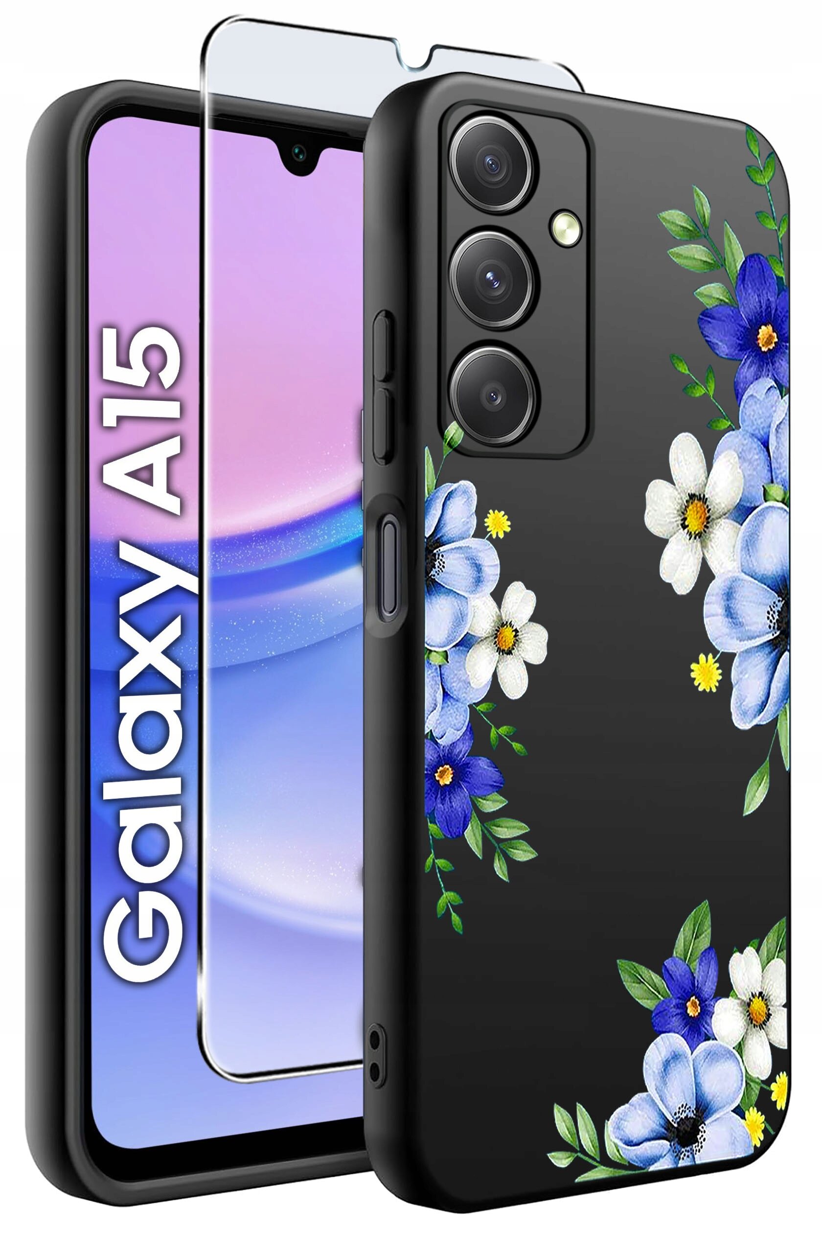 Obraz przedstawia czarne etui na telefon z kwiatowym wzorem w kolorach niebieskim, białym i zielonym. Obok etui widoczny jest telefon z napisem \'Galaxy A15\' oraz szkło ochronne.