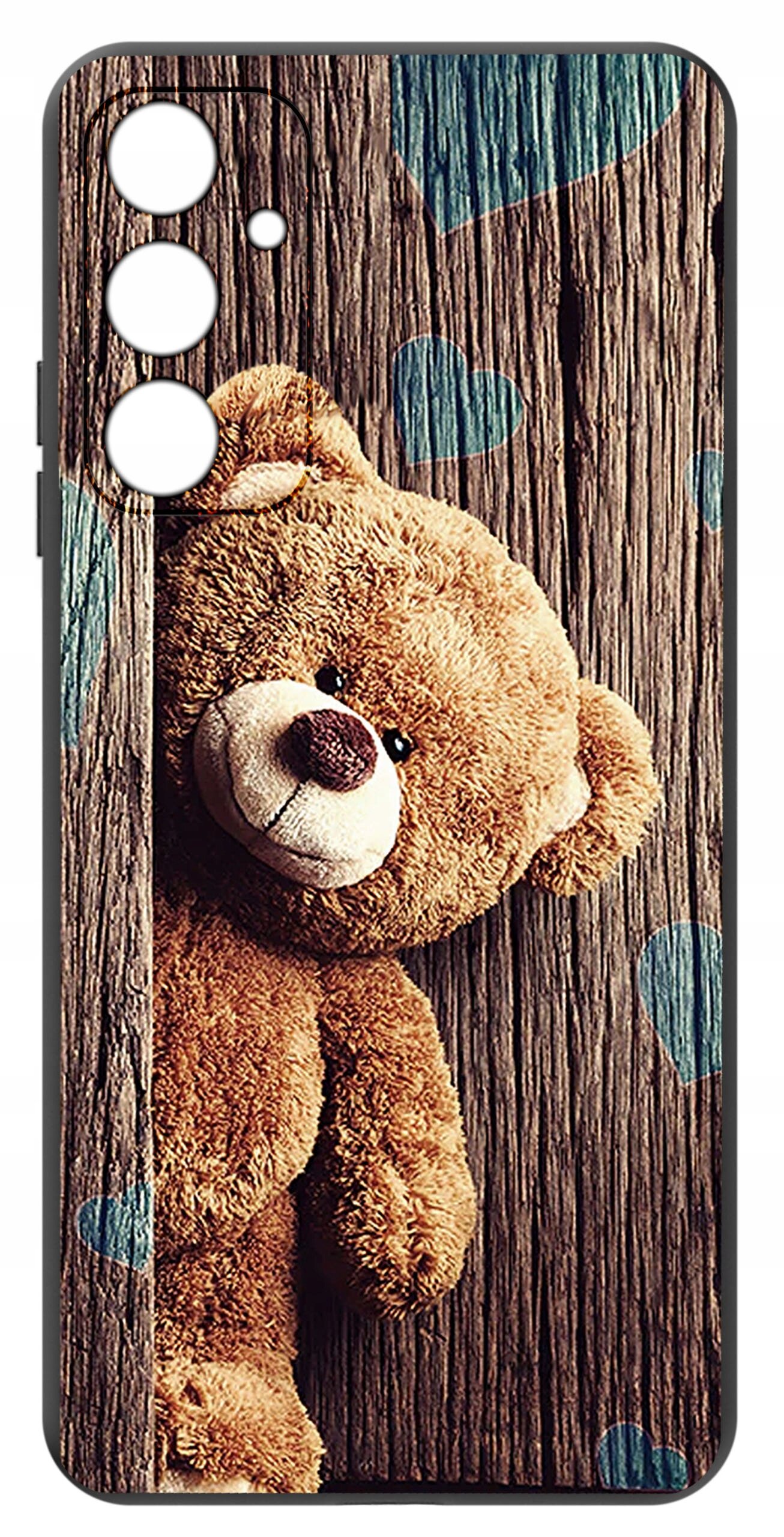 Etui na telefon z nadrukiem misia na tle drewnianej tekstury z niebieskimi sercami.