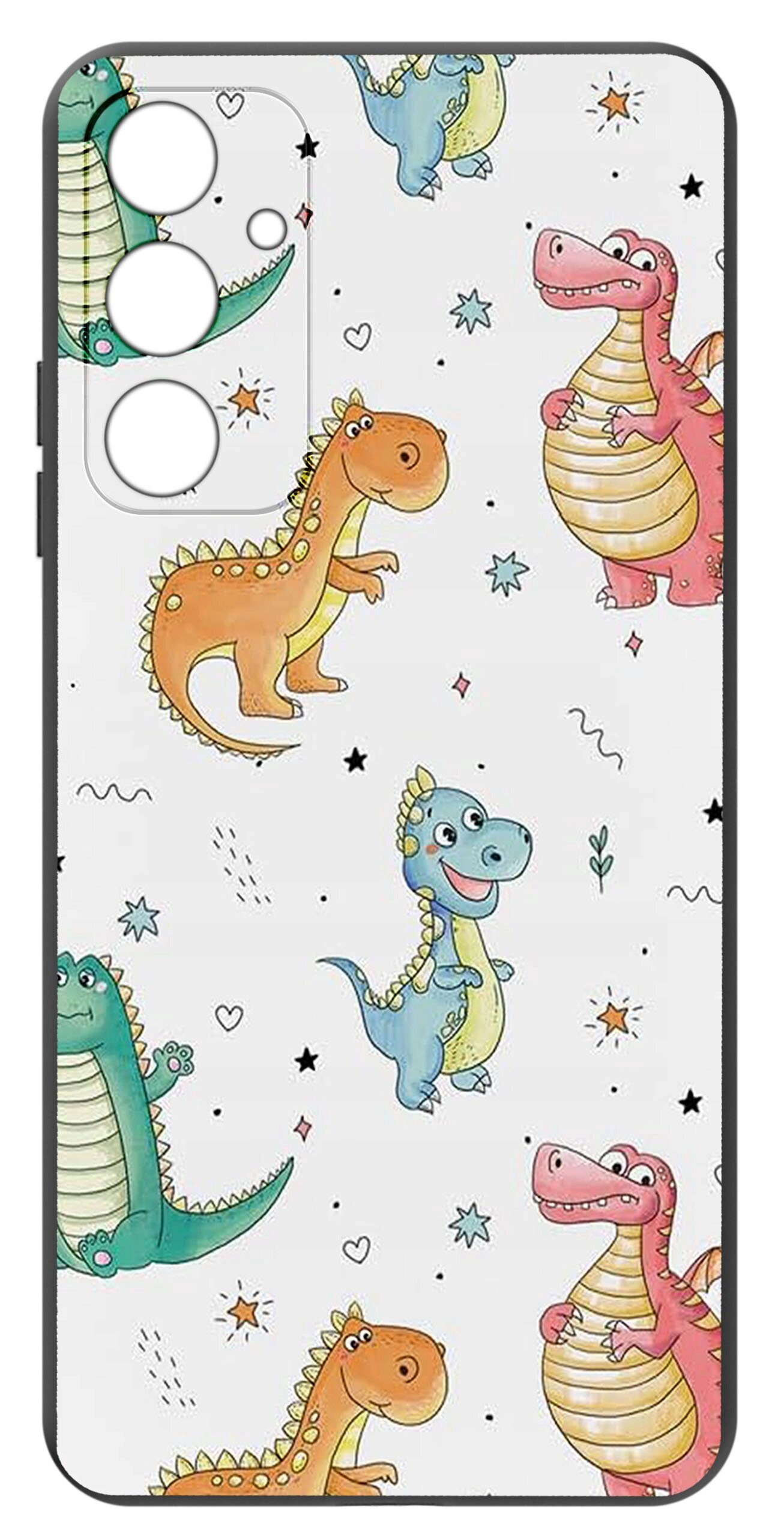 Etui na telefon z kolorowym wzorem przedstawiającym różnobarwne dinozaury na białym tle, z wycięciami na aparat i przyciski.
