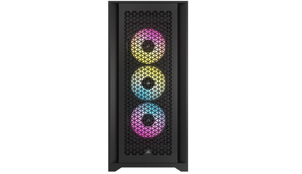 Czarna obudowa komputerowa z przodu z trzema wentylatorami RGB, które świecą w różnych kolorach. Przedni panel ma wzór siatki z logo producenta na dole.