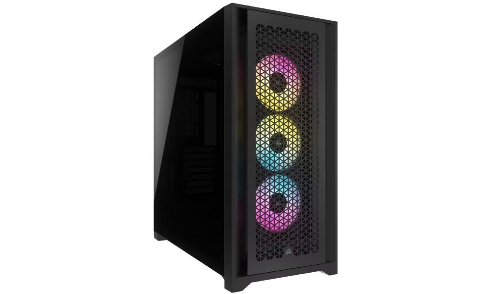 Czarna obudowa komputerowa z przodu posiada trzy wentylatory z podświetleniem RGB widoczne przez perforowany panel.