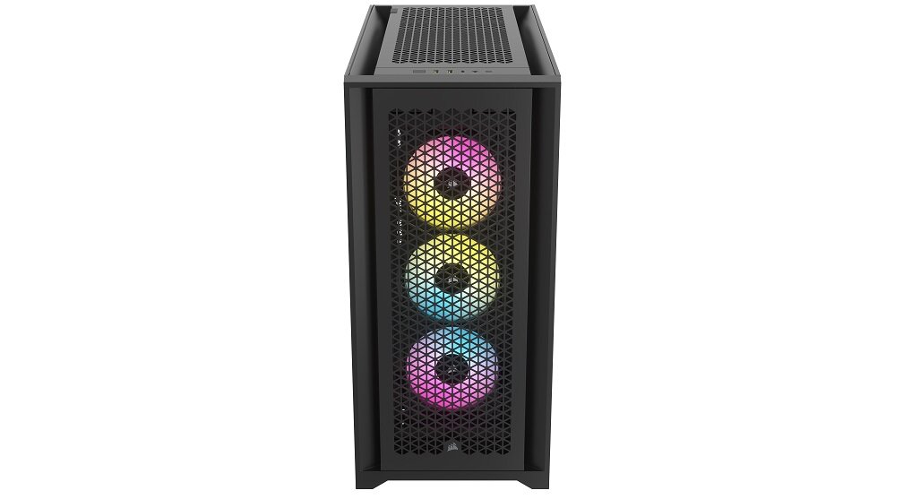 Czarna obudowa komputerowa z przodu z trzema wentylatorami RGB za perforowanym panelem. Wentylatory świecą w kolorach tęczy.