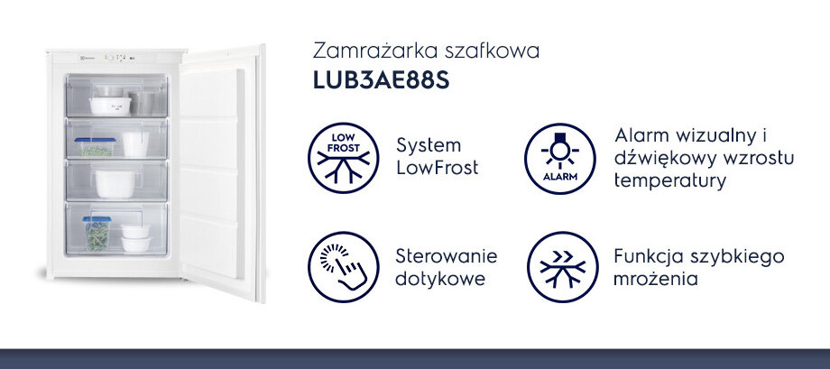 Obraz przedstawia otwartą zamrażarkę szafkową z trzema przezroczystymi szufladami, w których znajdują się różne pojemniki. Obok zamrażarki widnieją ikony z napisami: \'System LowFrost\', \'Alarm wizualny i dźwiękowy wzrostu temperatury\', \'Sterowanie dotykowe\', \'Funkcja szybkiego mrożenia\'.