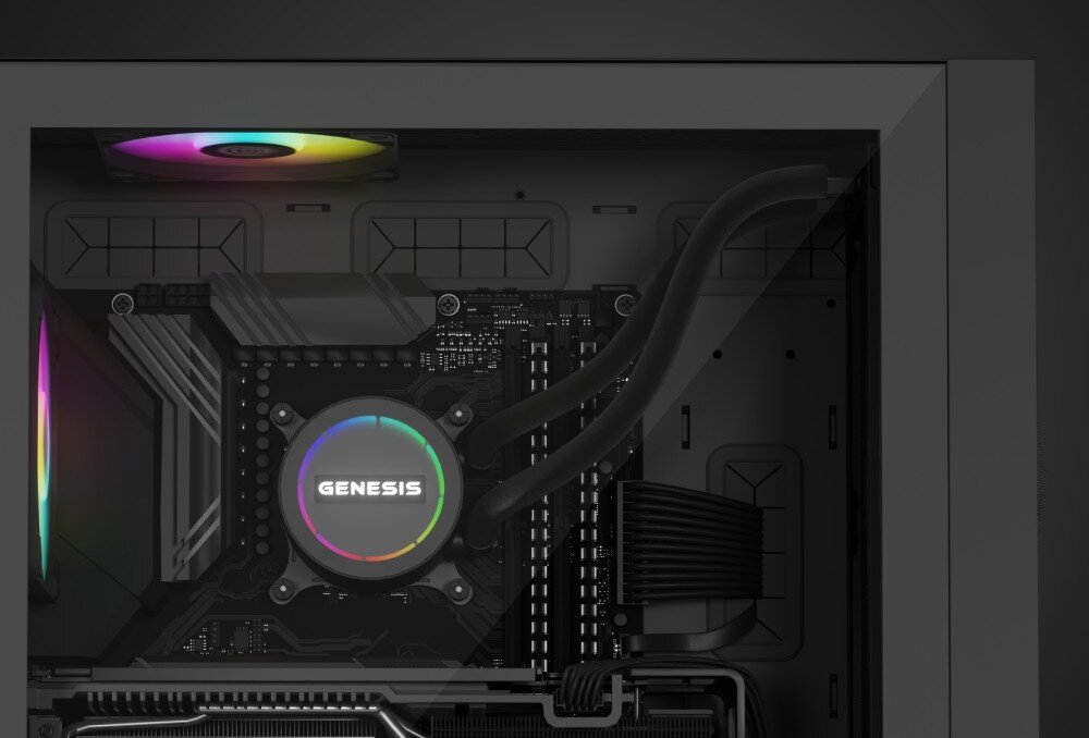 Wnętrze obudowy komputera z zamontowanym chłodzeniem wodnym, na którym widnieje logo \'GENESIS\'. Widać podświetlenie RGB na wentylatorze i chłodzeniu procesora.