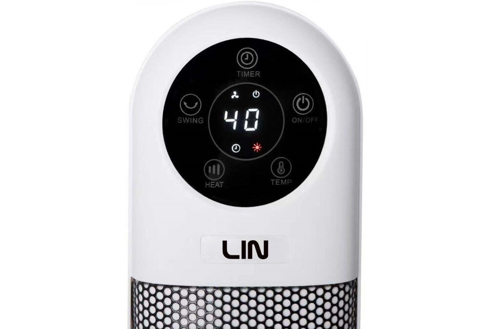 Na obrazie widoczny jest panel sterowania grzejnika ceramicznego z wyświetlaczem pokazującym liczbę 40 oraz przyciskami oznaczonymi jako TIMER, SWING, ON/OFF, HEAT, TEMP. Poniżej znajduje się logo \'LIN\'.