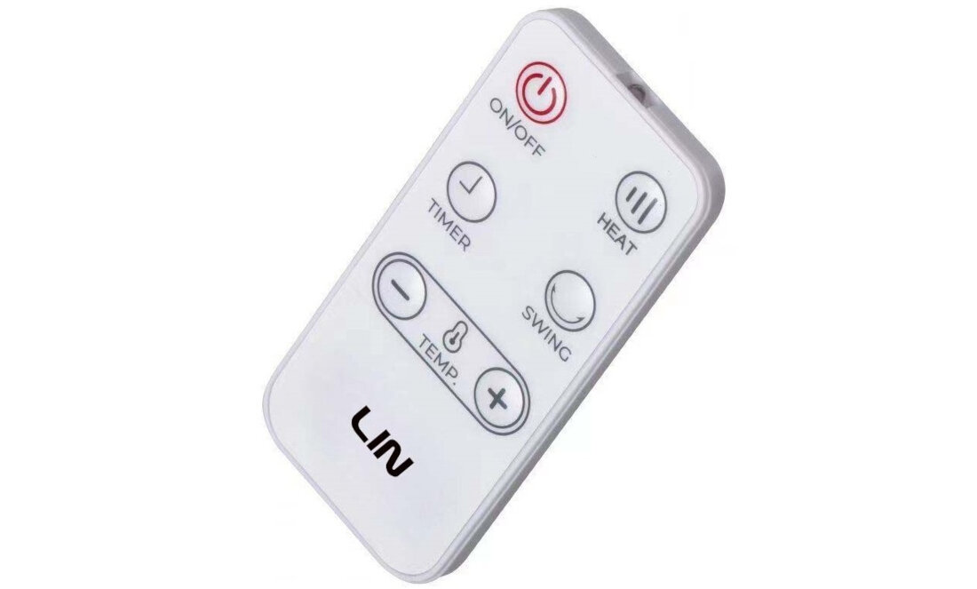 Pilot z przyciskami: ON/OFF, TIMER, HEAT, TEMP.-, TEMP.+, SWING. Widoczne logo: LIN.