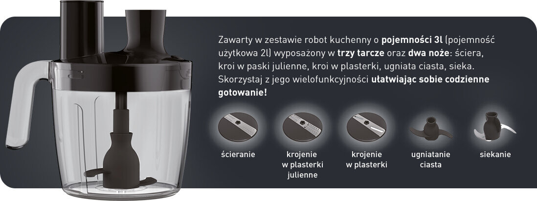 Obraz przedstawia robot kuchenny z przezroczystym pojemnikiem i czarną pokrywą. Obok znajdują się ikony z opisami funkcji: ścieranie, krojenie w plasterki julienne, krojenie w plasterki, ugniatanie ciasta, siekanie oraz tekst informacyjny o pojemności i wyposażeniu urządzenia.