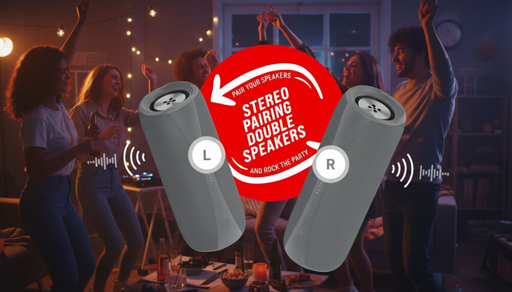 Na obrazie widać dwie szare kolumny głośnikowe z oznaczeniami \'L\' i \'R\', a pomiędzy nimi czerwone koło z tekstem: \'PAIR YOUR SPEAKERS STEREO PAIRING DOUBLE SPEAKERS AND ROCK THE PARTY\'. W tle znajduje się grupa osób tańczących w przyciemnionym pomieszczeniu.
