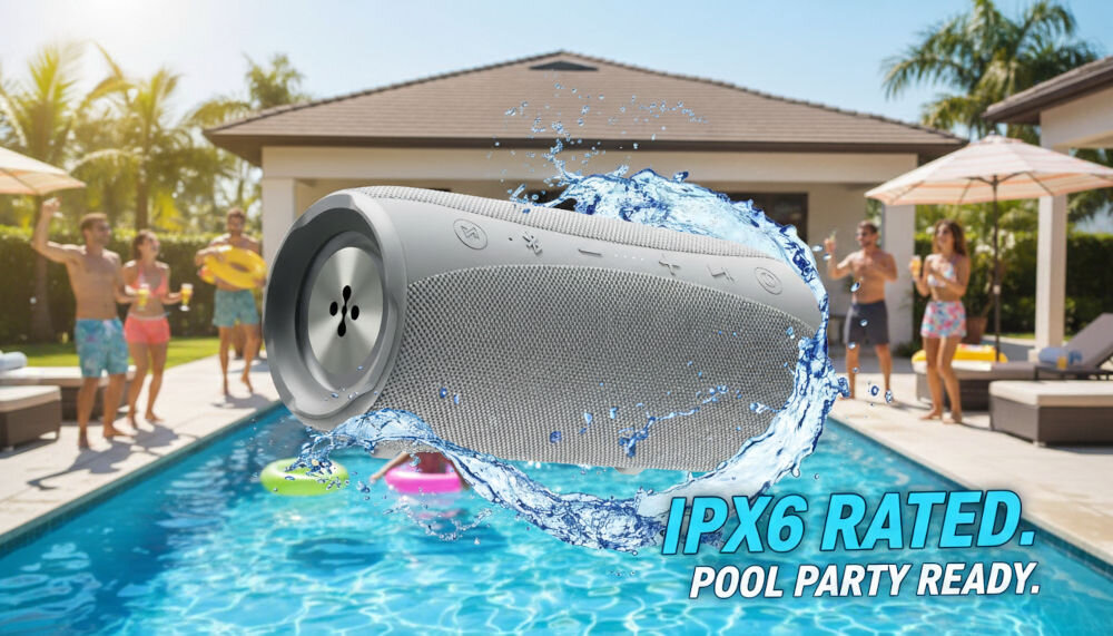 Głośnik mobilny unosi się nad basenem, z którego tryska woda, a w tle widać ludzi przy basenie. Tekst na obrazie: \'IPX6 RATED. POOL PARTY READY.\'