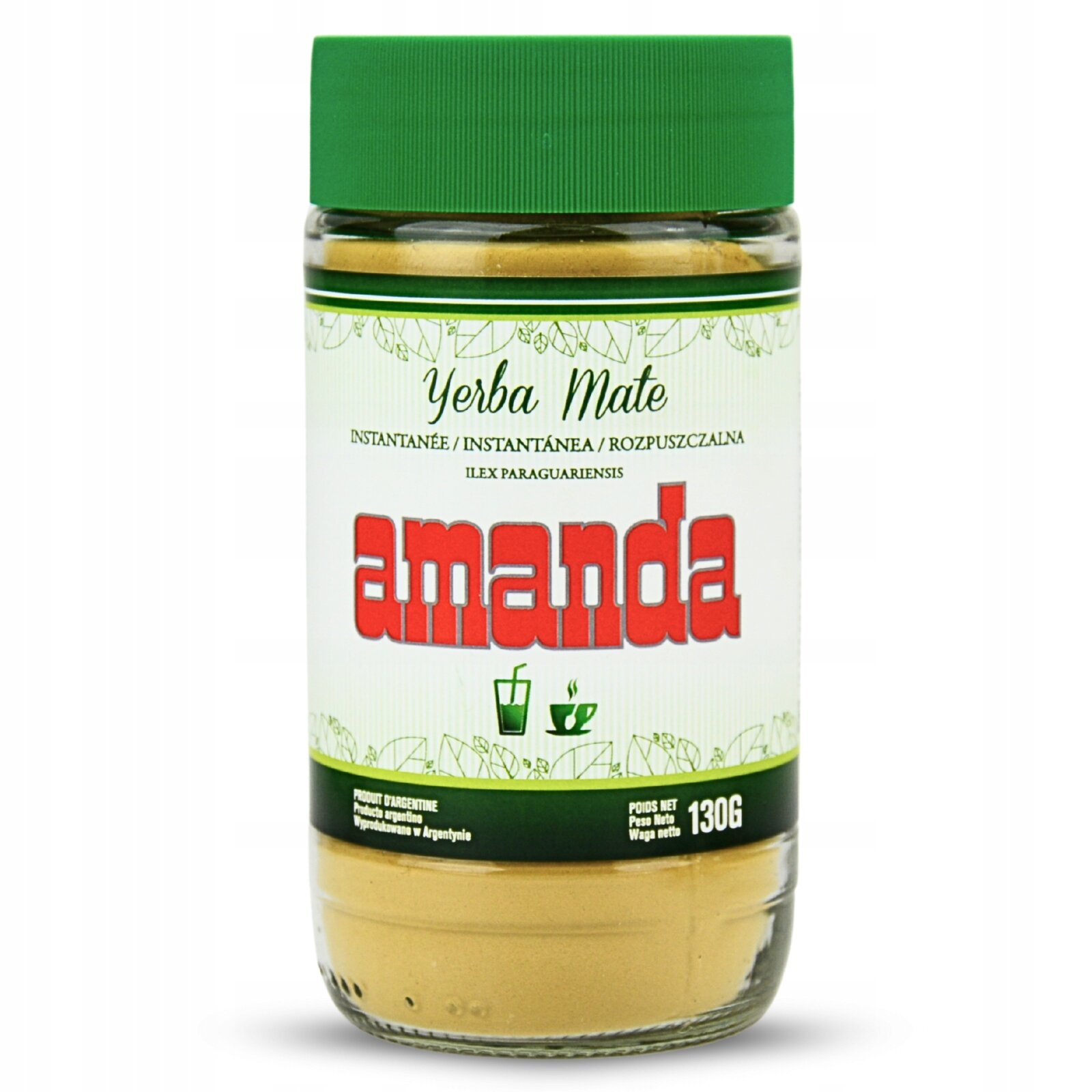 Słoik z zieloną zakrętką zawiera produkt \'Yerba Mate Amanda Soluble Instant 130g\'. Na etykiecie widnieje duży napis \'amanda\' oraz informacje o produkcie w kilku językach.