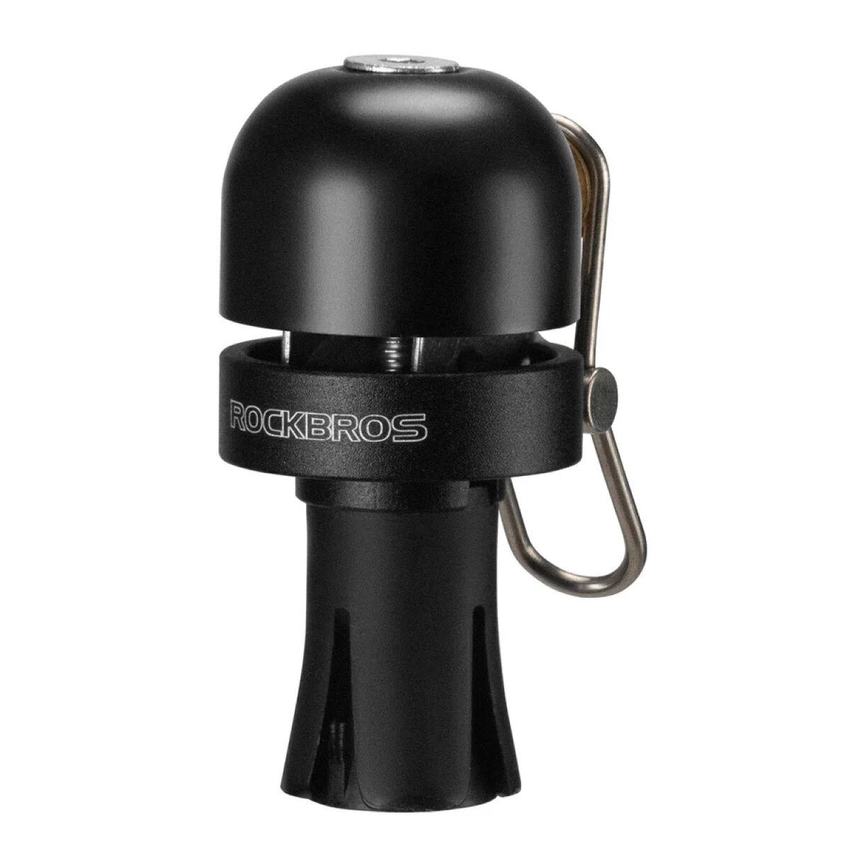 Czarny dzwonek rowerowy z napisem \'ROCKBROS\' na obudowie, posiada metalowy uchwyt z boku.