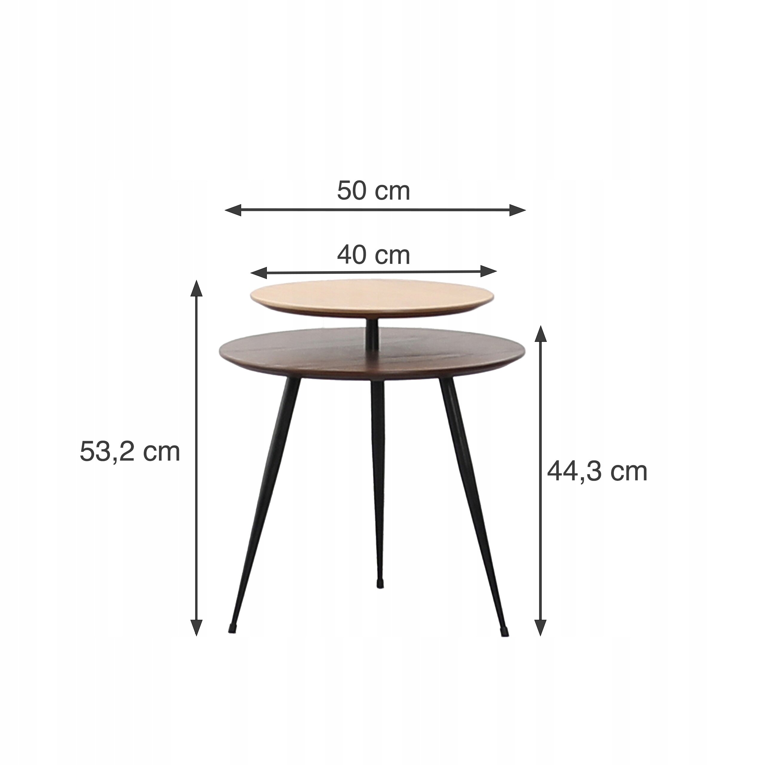 Drewniany stolik kawowy z dwoma okrągłymi blatami, górny o średnicy 40 cm, dolny 50 cm. Wysokość górnego blatu wynosi 53,2 cm, a dolnego 44,3 cm.