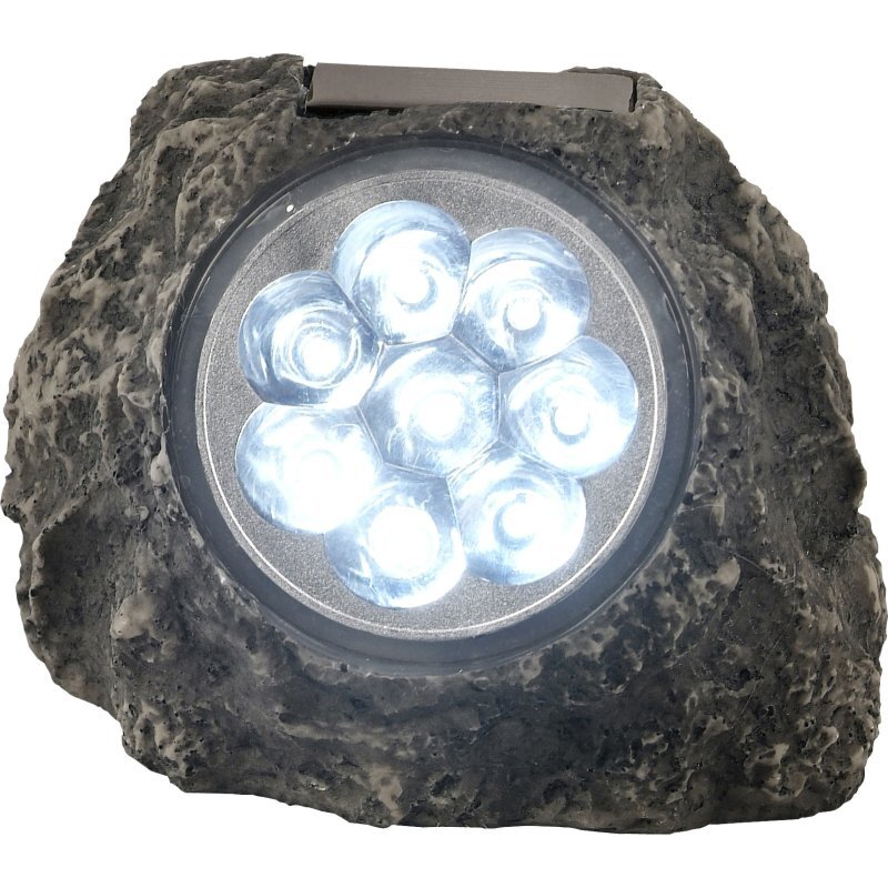 Lampa solarna LED w kształcie kamienia z widocznymi ośmioma diodami świecącymi na biało. Obudowa przypomina teksturę naturalnego kamienia.