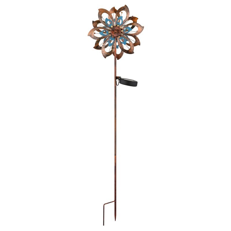 Lampa solarna LED w kształcie koła wiatrowego z metalowymi elementami w kolorze brązowym i niebieskim, zamontowana na długim pręcie z panelem solarnym.