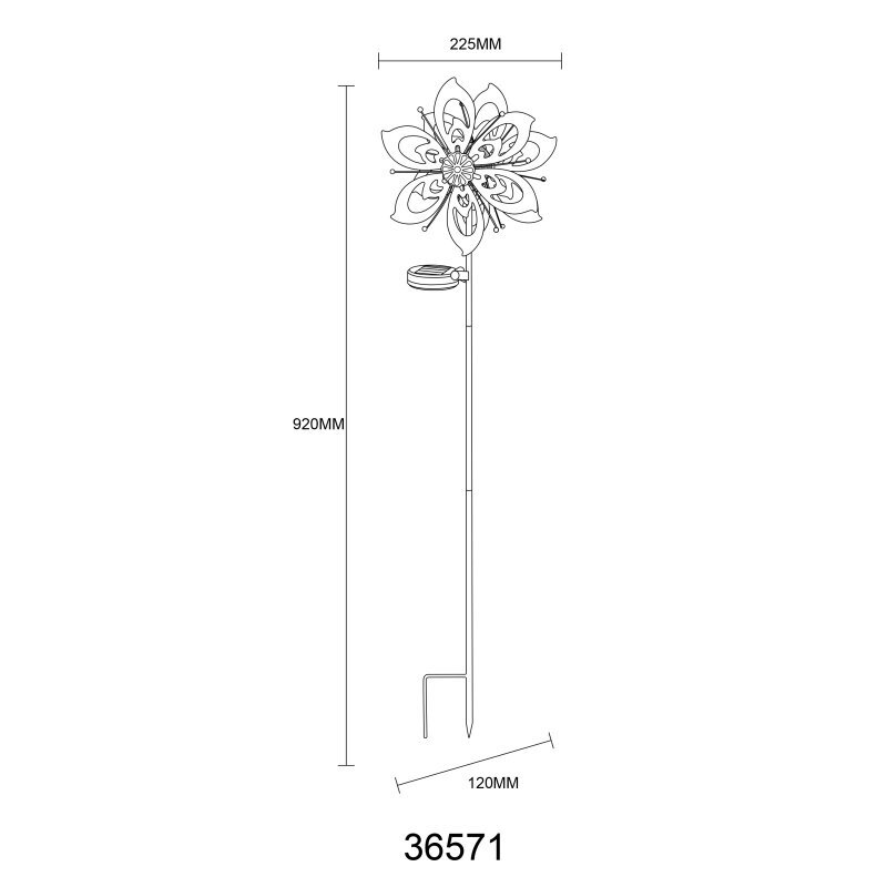 Schemat lampy solarnej z kołem wiatrowym, o wysokości 920 mm i szerokości 225 mm. Widoczny jest numer 36572 oraz wymiary podstawy 115 mm.