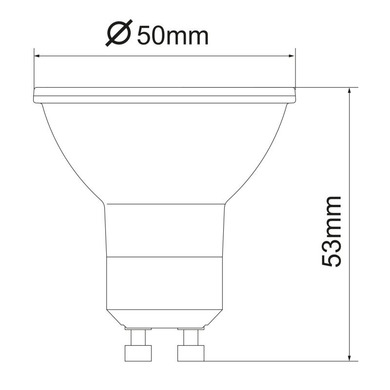 Schematyczny rysunek żarówki LED z oznaczeniami wymiarów: średnica 50mm i wysokość 53mm.