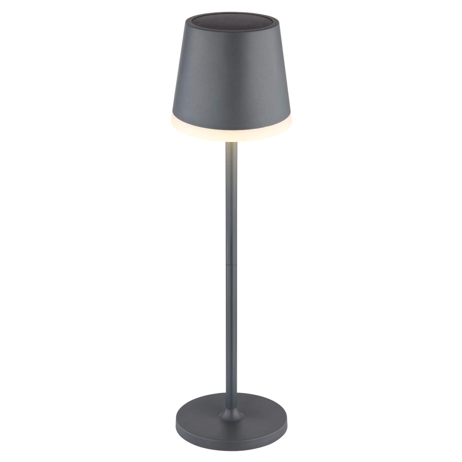 Na obrazie widoczna jest smukła lampa stołowa z ciemnym kloszem i podstawą, emitująca delikatne światło. Lampa ma prosty, nowoczesny design.