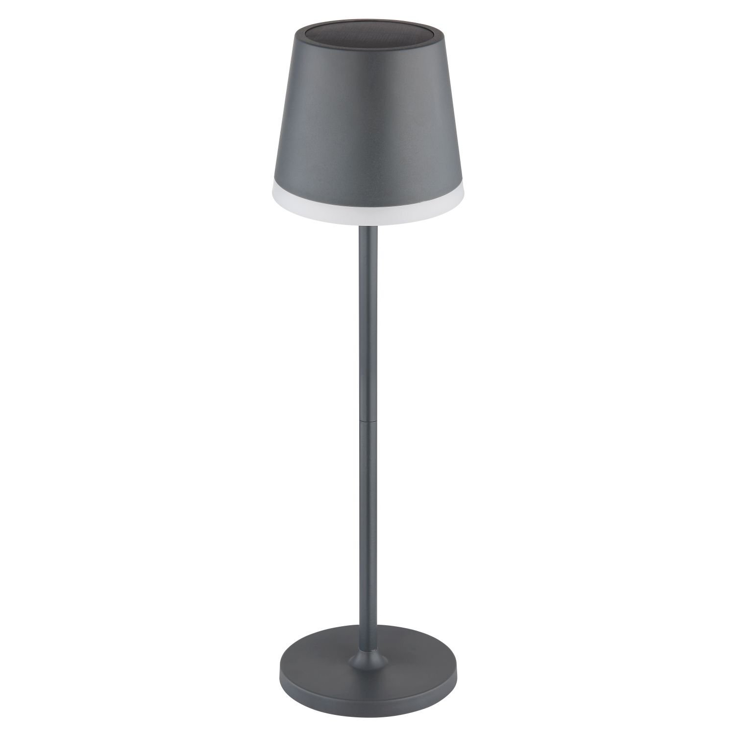 Na obrazie widoczna jest lampa stołowa o prostym, nowoczesnym designie, z ciemnym kloszem i podstawą. Lampa ma smukły trzon i okrągłą podstawę.