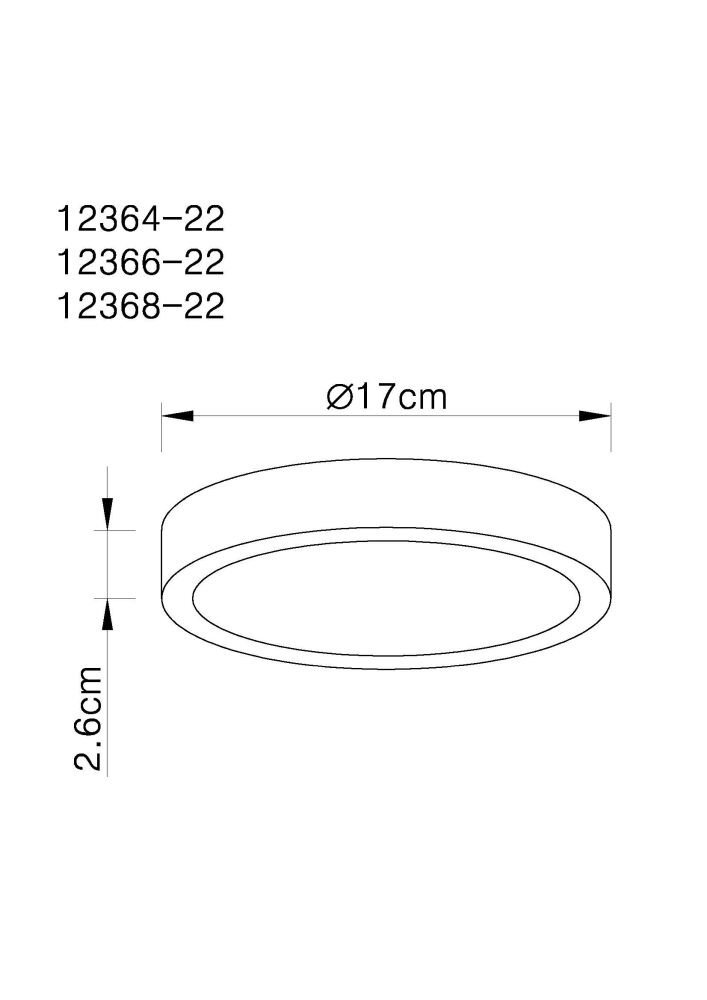 Schematyczny rysunek plafonu LED o średnicy 17 cm i wysokości 2,6 cm. Widoczne są numery: 12364-22, 12366-22, 12368-22.