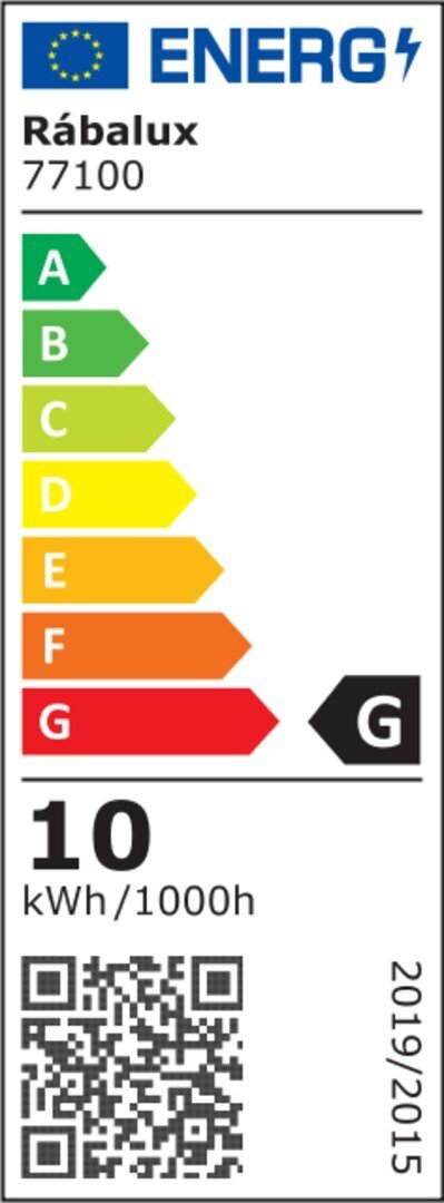 Etykieta energetyczna z logo, nazwą \'Rábalux 77100\' i klasą energetyczną G. Zużycie energii wynosi 10 kWh/1000h, a na dole znajduje się kod QR.