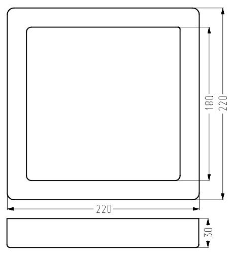 Schematyczny rysunek przedstawiający wymiary kwadratowego plafonu LED, z bokiem o długości 220 mm i wysokością 30 mm.