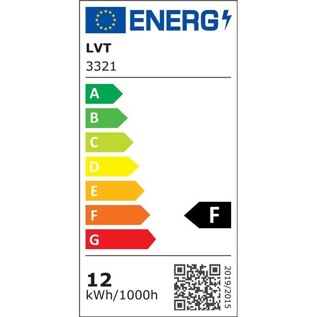 Etykieta energetyczna z logo UE i napisem \'ENERG\'. Klasa energetyczna F, zużycie 12 kWh/1000h, kod QR na dole.