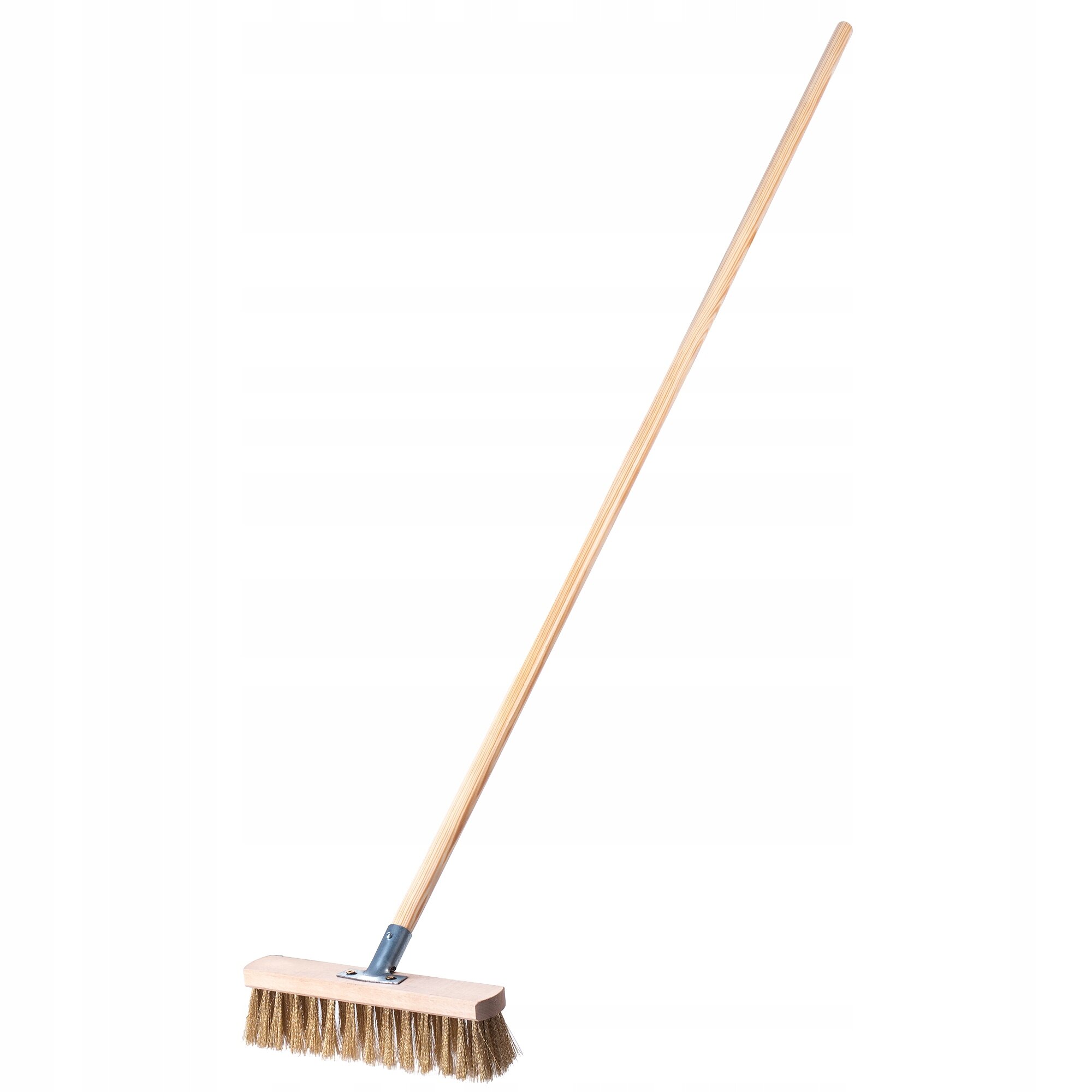 Drewniana miotła z długim trzonkiem i szczotką o szerokości 30 cm, przeznaczona do zamiatania. Szczotka ma gęste włosie i jest przymocowana do metalowego uchwytu.