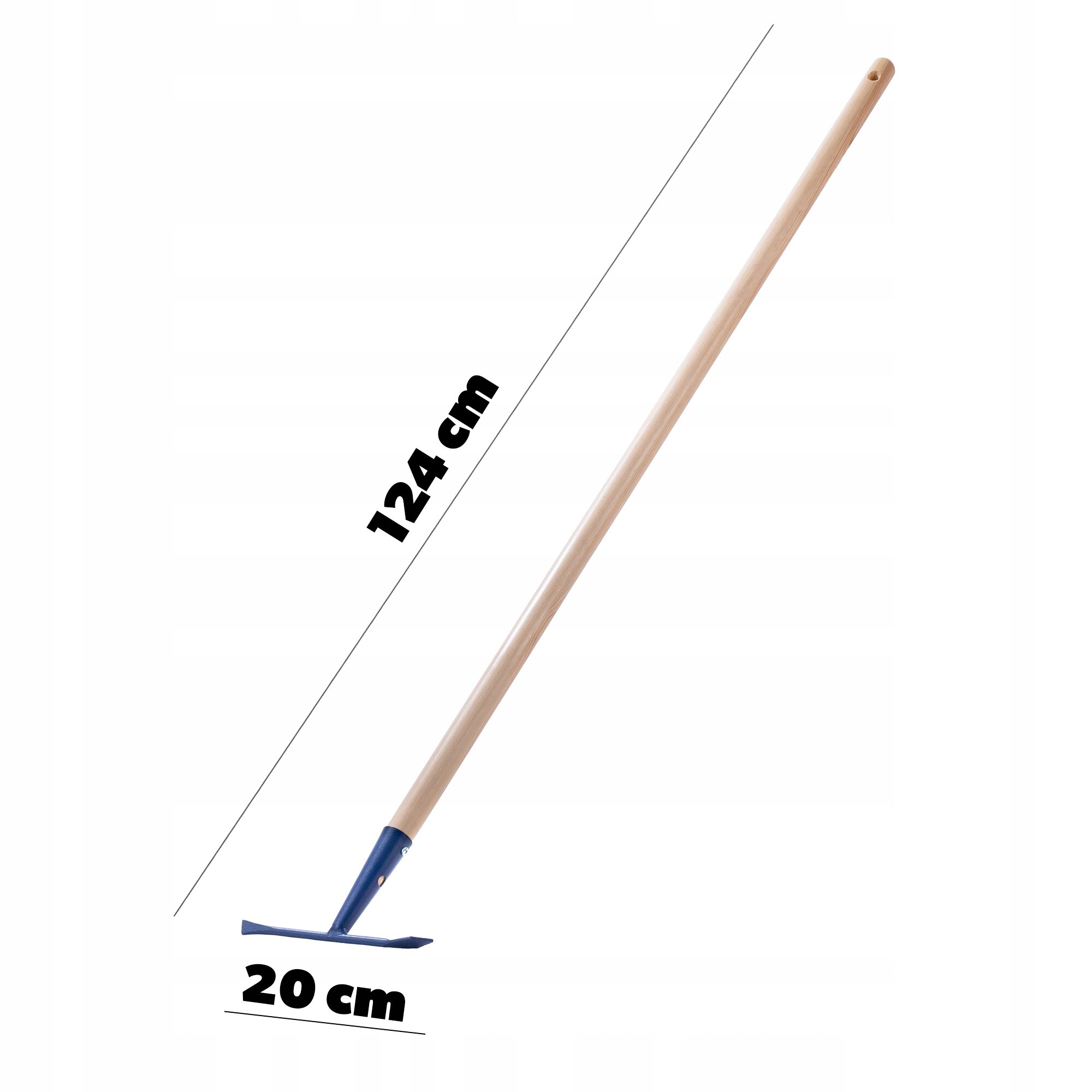 Na obrazie widoczny jest drewniany kij z niebieskim metalowym zakończeniem, przypominającym skrobak. Obok znajdują się wymiary: 124 cm długości i 20 cm szerokości.