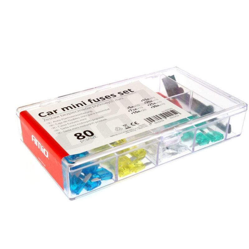Przezroczyste pudełko z zestawem 80 mini bezpieczników samochodowych w różnych kolorach. Na etykiecie widnieje napis \'Car mini fuses set\' oraz logo \'AMiO\'.