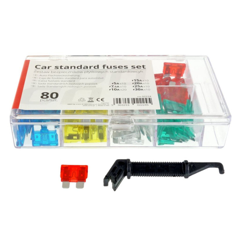 Zestaw bezpieczników samochodowych w przezroczystym pudełku z różnokolorowymi bezpiecznikami i szczypcami. Na etykiecie widnieje napis \'Car standard fuses set\' oraz lista wartości amperów i ilości sztuk, np. \'5A x10\'.