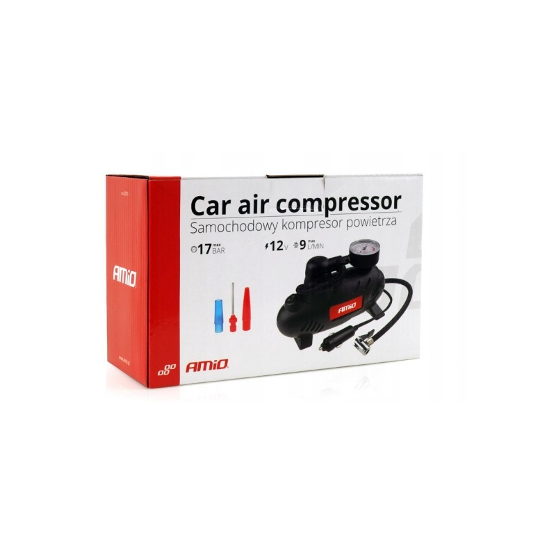 Opakowanie produktu z napisem \'Car air compressor Samochodowy kompresor powietrza\' oraz logo AMiO. Widoczny jest obrazek kompresora z manometrem i akcesoriami, a także specyfikacje: 17 BAR, 12V, 9 MIN.