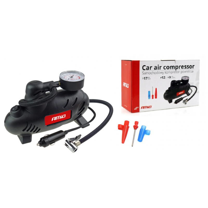 Na obrazie widoczny jest czarny kompresor samochodowy z manometrem i logo \'AMiO\'. Obok znajduje się pudełko z napisem \'Car air compressor Samochodowy kompresor powietrza\' oraz zestaw kolorowych końcówek.