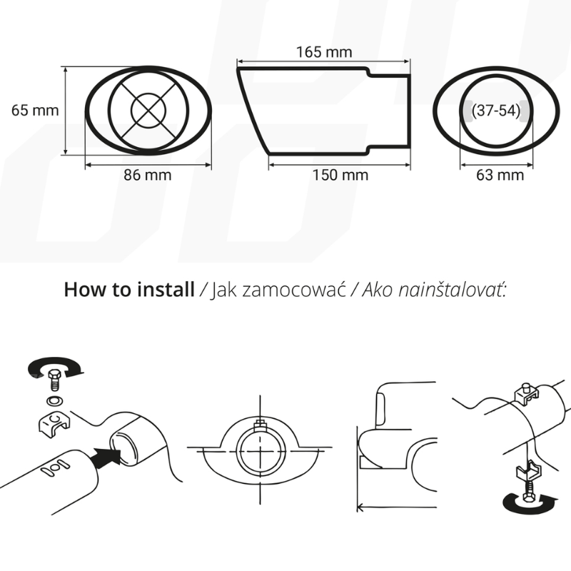 Ilustracja przedstawia wymiary końcówki tłumika wydechu: 65 mm wysokości, 86 mm szerokości, 165 mm długości, oraz średnicę 63 mm z zakresem 37-54 mm. Poniżej znajduje się instrukcja montażu z rysunkami i tekstem: \'How to install / Jak zamocować / Ako nainštalovať\'.