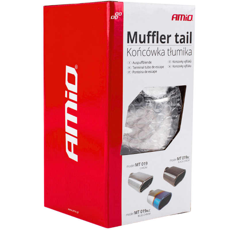Opakowanie produktu z napisem \'Muffler tail Końcówka tłumika\' oraz logo \'AMiO\'. Widoczne są zdjęcia trzech modeli końcówek tłumika: MT 019 CHROM, MT 019bc BLACK CHROM, MT 019blc BLUE CHROM.