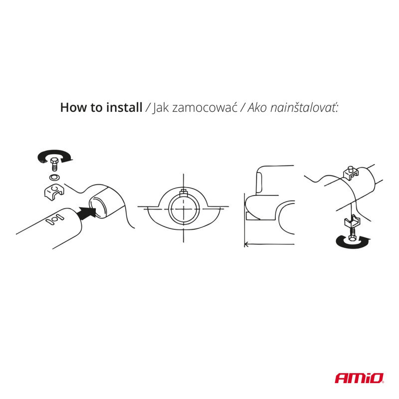 Ilustracja przedstawia instrukcję montażu końcówki tłumika wydechu z czterema schematycznymi rysunkami i tekstem \'How to install / Jak zamocować / Ako nainštalovať\'. W prawym dolnym rogu znajduje się logo \'AMiO\'.