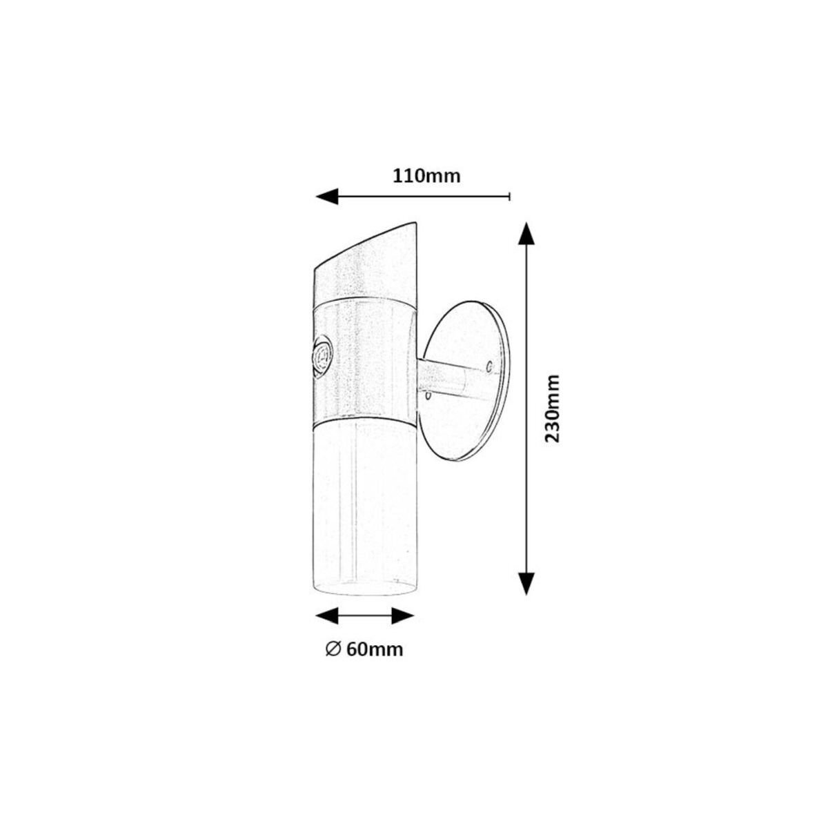 Schematyczny rysunek kinkietu zewnętrznego z wymiarami: wysokość 230 mm, szerokość 110 mm, średnica 60 mm. Widoczny jest okrągły uchwyt montażowy oraz czujnik na obudowie.