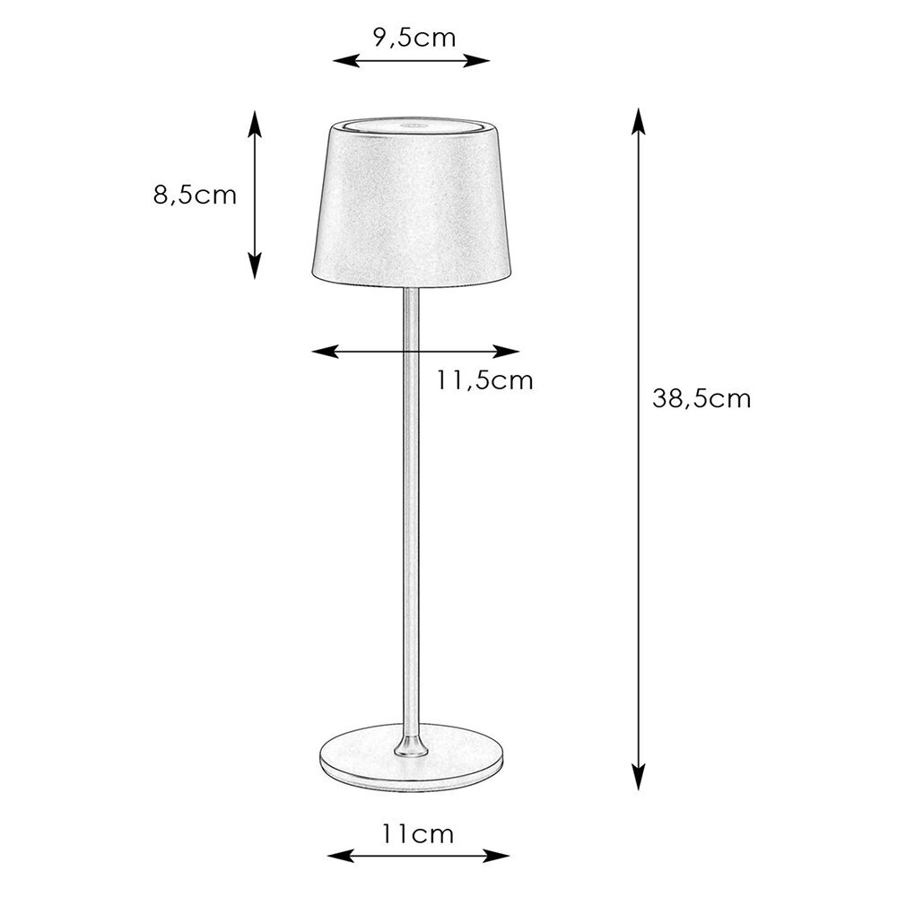Schemat lampy stołowej z wymiarami: wysokość 38,5 cm, średnica klosza 9,5 cm, średnica podstawy 11 cm, wysokość klosza 8,5 cm, długość ramienia 11,5 cm.