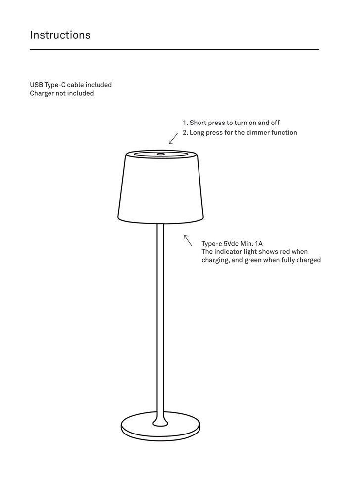 Ilustracja przedstawia lampę stołową z abażurem, z instrukcjami obsługi. Tekst: \'Instructions\', \'USB Type-C cable included Charger not included\', \'1. Short press to turn on and off 2. Long press for the dimmer function\', \'Type-c 5Vdc Min. 1A The indicator light shows red when charging, and green when fully charged\'.