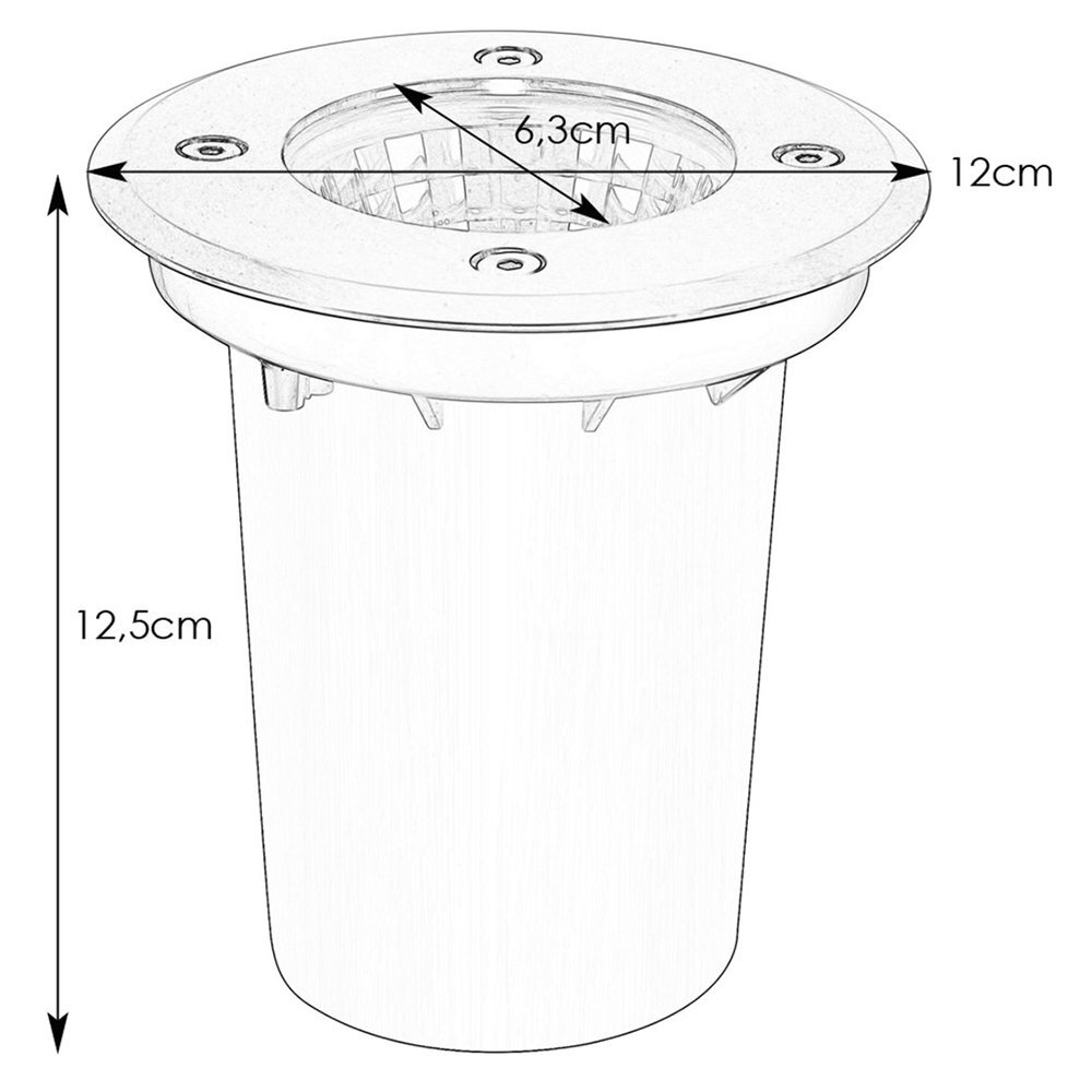 Rysunek techniczny oprawy najazdowej zewnętrznej LED z wymiarami: średnica 12 cm, wysokość 12,5 cm, średnica wewnętrzna 6,3 cm. Widoczne są cztery śruby mocujące na górnej części oprawy.