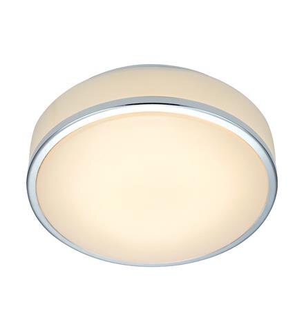 Okrągły plafon w kolorze białym z chromowanymi elementami na krawędziach. Lampa ma nowoczesny design i jednolitą, gładką powierzchnię.