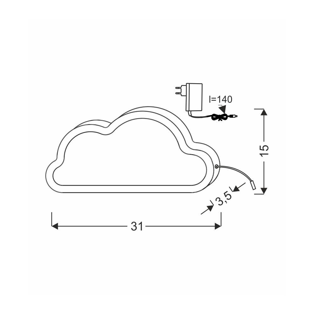 Schemat lampy ściennej w kształcie chmurki z wymiarami: szerokość 31 cm, wysokość 15 cm, głębokość 3,5 cm. Widoczny jest także zasilacz o długości kabla 140 cm.